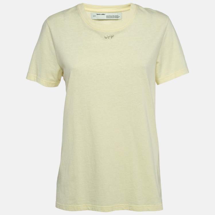 Pre Owned Off-White Yellow Cotton Crystal Logo Embellished T-Shirt S