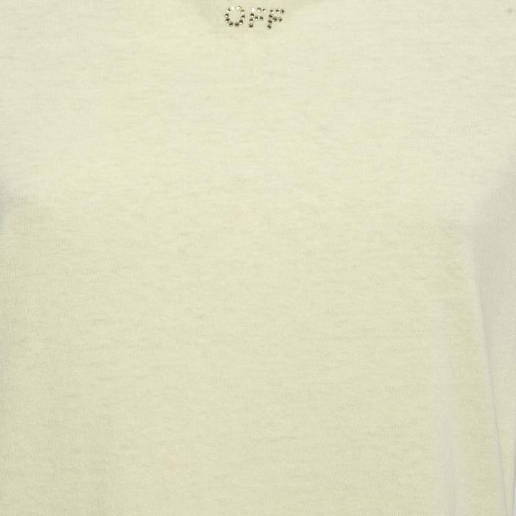 Pre Owned Off-White Yellow Cotton Crystal Logo Embellished T-Shirt S