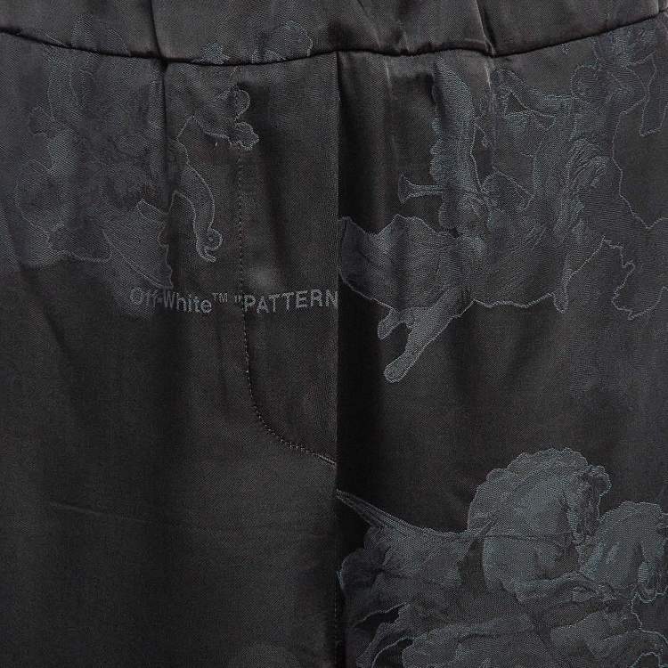 Pre Owned Off-White Seasonal Black Satin Jacquard Wide Leg Trousers M