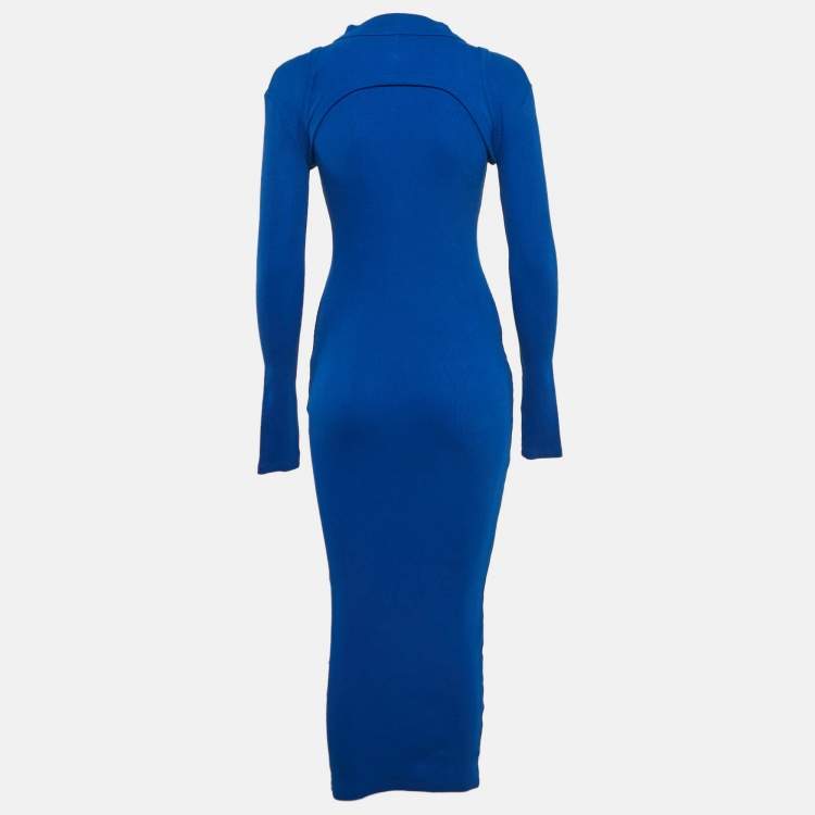 Pre Owned Off-White Blue Logo Print Rib Knit Midi Dress S