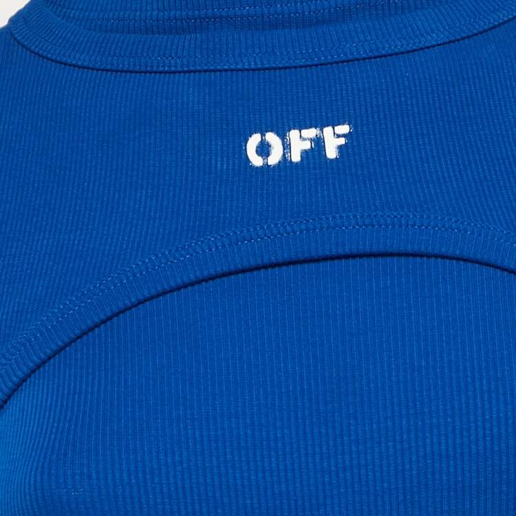 Pre Owned Off-White Blue Logo Print Rib Knit Midi Dress S