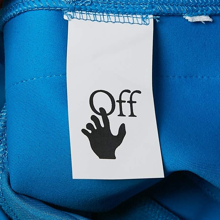 Pre Owned Off-White Blue Jersey Logo Tape and Slit Detail Leggings S
