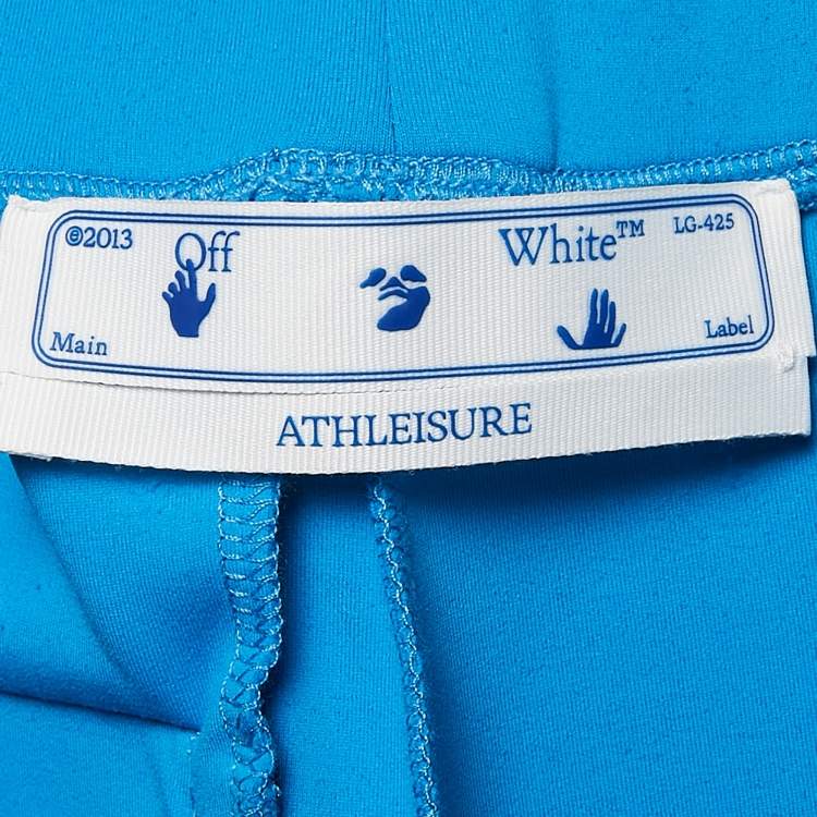 Pre Owned Off-White Blue Jersey Logo Tape and Slit Detail Leggings S