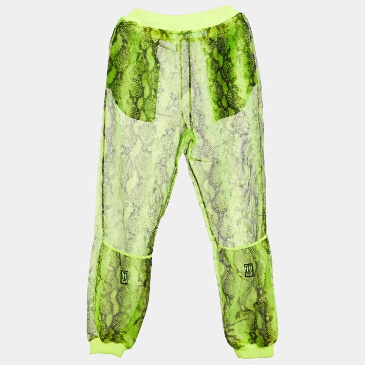 Pre Owned Off-White Neon Yellow Snake Print Organza Sheer Joggers M