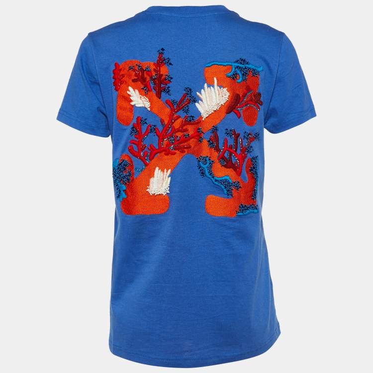 Pre Owned Off-White Blue Coral Embroidered Cotton Crew Neck T-Shirt XS