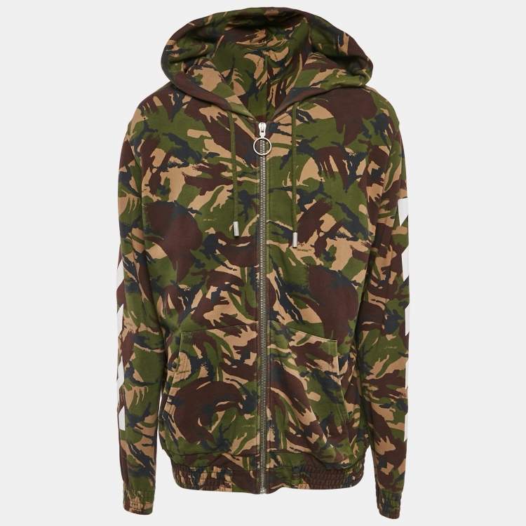 Pre Owned Off-White Green Camouflage Print Cotton Knit Hooded Zip-Up Jacket XL