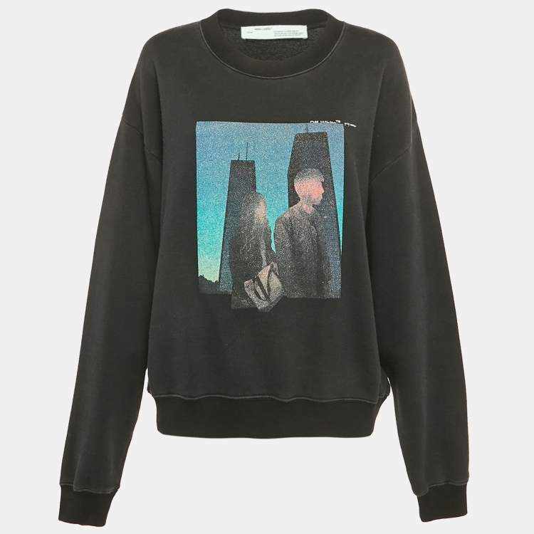 Pre Owned Off-White Charcoal Black Printed Knit Crew Neck Sweatshirt L