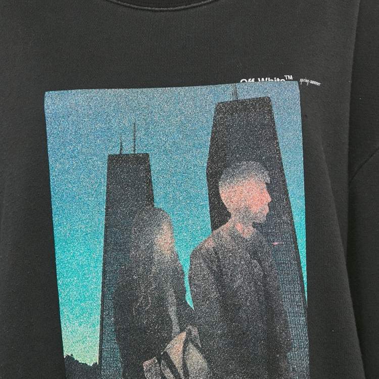 Pre Owned Off-White Charcoal Black Printed Knit Crew Neck Sweatshirt L
