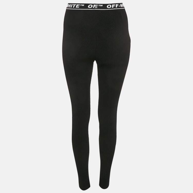 Pre Owned Off-White Black Logo Waistband Stripe Textured Jersey Leggings S