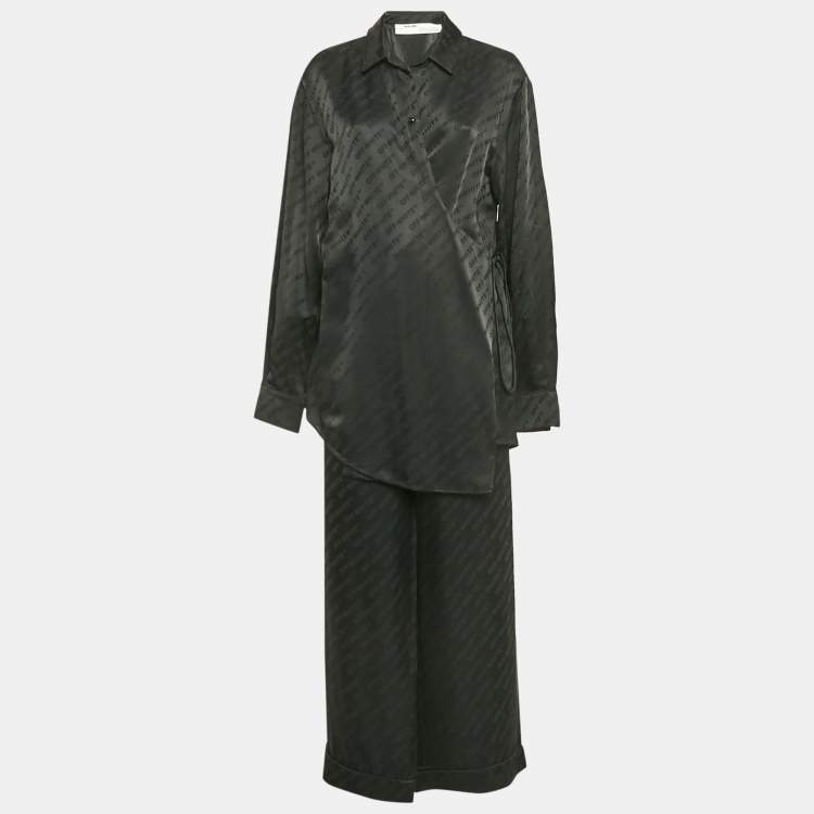 Pre Owned Off-White Black Logo Jacquard Satin Blouse and Pants Set L