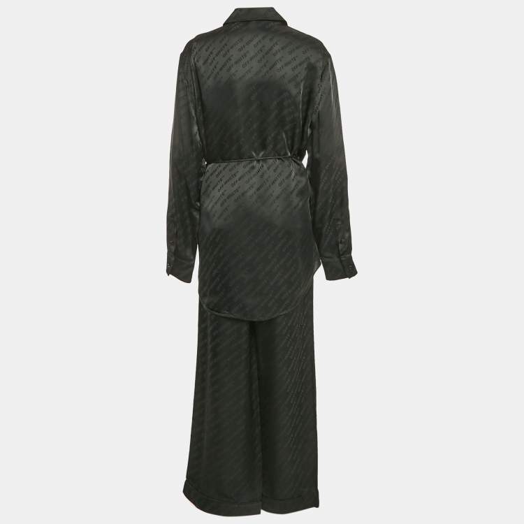Pre Owned Off-White Black Logo Jacquard Satin Blouse and Pants Set L