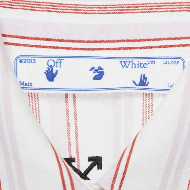 Pre Owned Off-White White Logo Embroidery Stripe Cotton Asymmetric Tunic Shirt Dress S