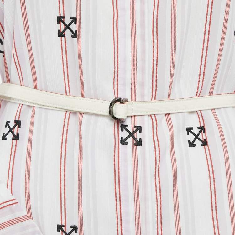 Pre Owned Off-White White Logo Embroidery Stripe Cotton Asymmetric Tunic Shirt Dress S