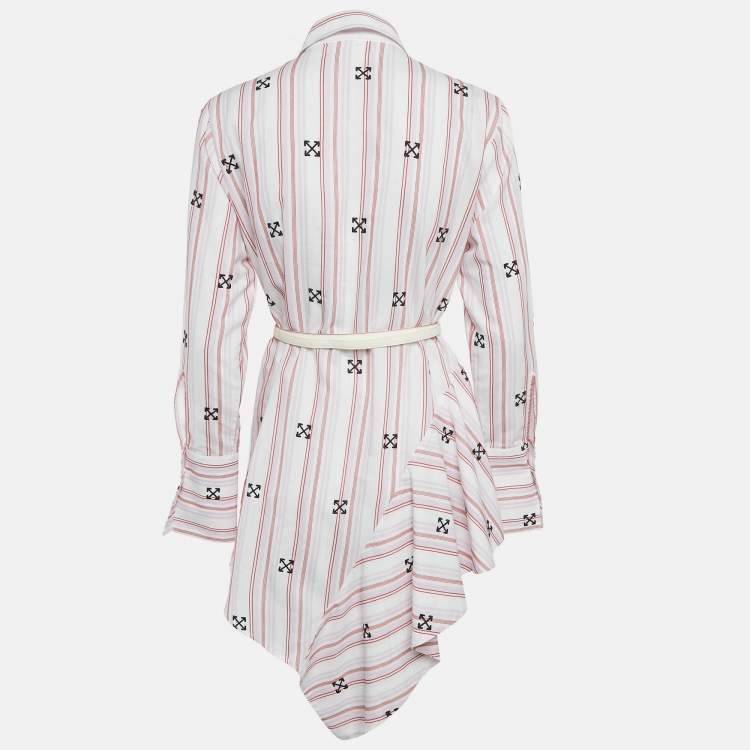 Pre Owned Off-White White Logo Embroidery Stripe Cotton Asymmetric Tunic Shirt Dress S
