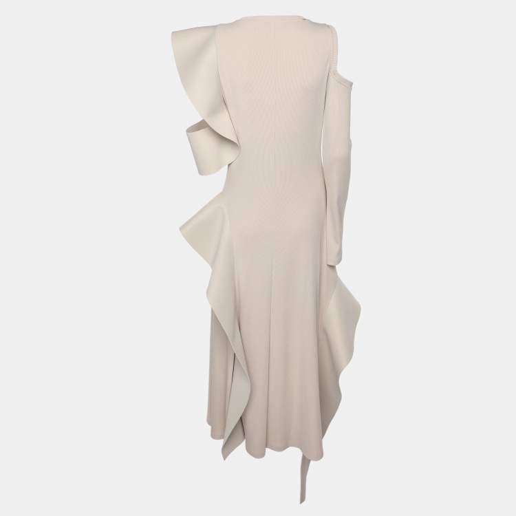 Pre Owned Off-White Cream Rib Knit Cut Out Sleeve Ruffle Detail Dress M