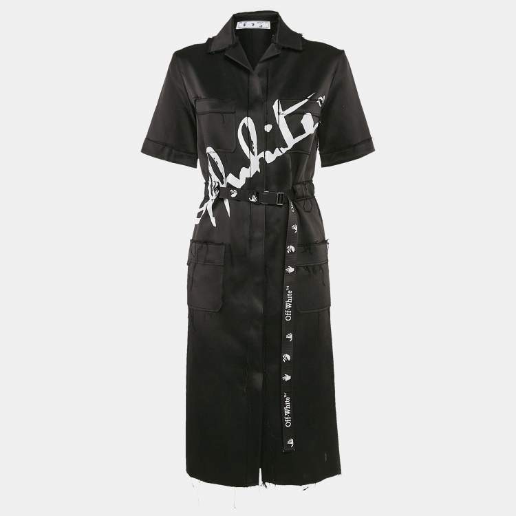 Pre Owned Off-White Black Printed Satin Button Front Belted Tokyo Dress XS