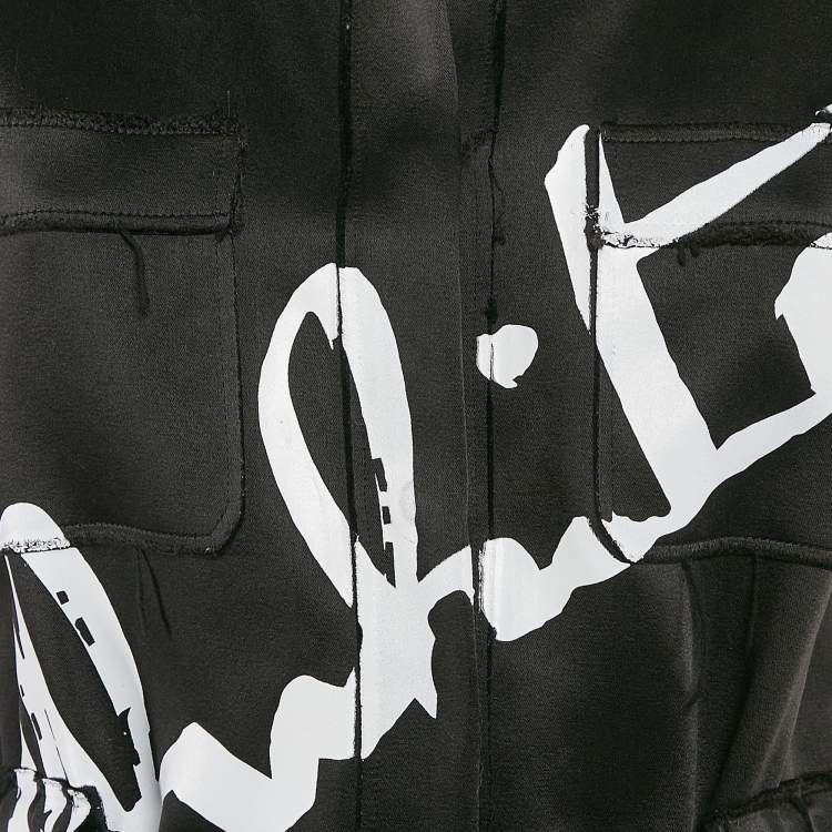 Pre Owned Off-White Black Printed Satin Button Front Belted Tokyo Dress XS