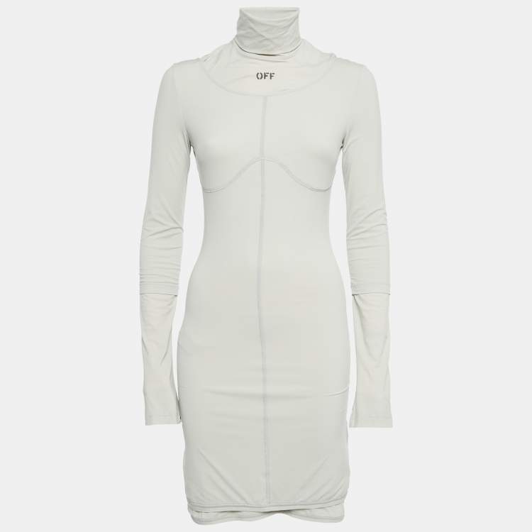 Pre Owned Off-White Grey Off Print Jersey Turtle Neck Bodycon Dress M