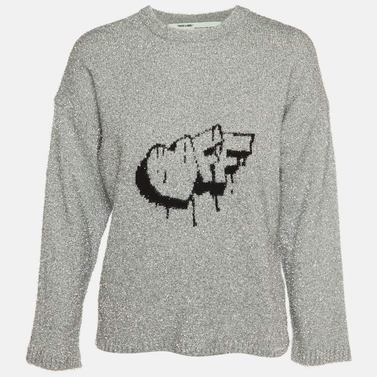 Pre Owned Off-White Silver Logo Fleece Knit Crew Neck Jumper S