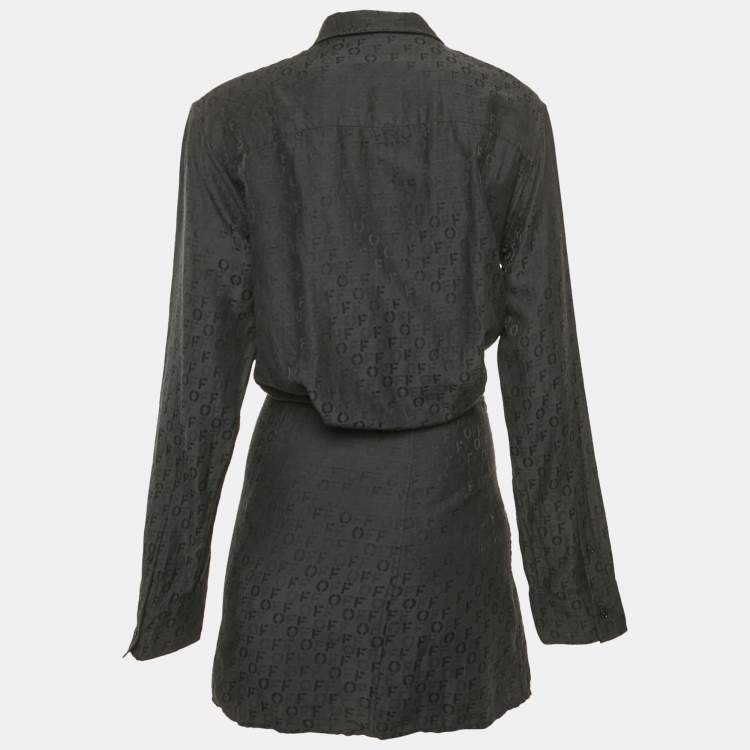 Pre Owned Off-White Black Logo Jacquard Cotton & Silk Asymmetric Shirt Dress M