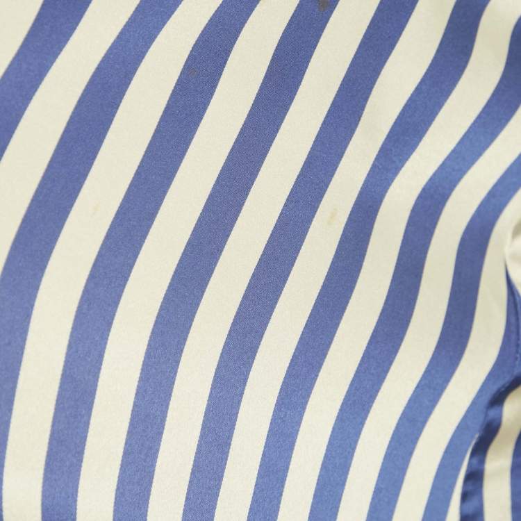 Pre Owned Off-White Blue/White Striped Satin Rose Applique Robe S