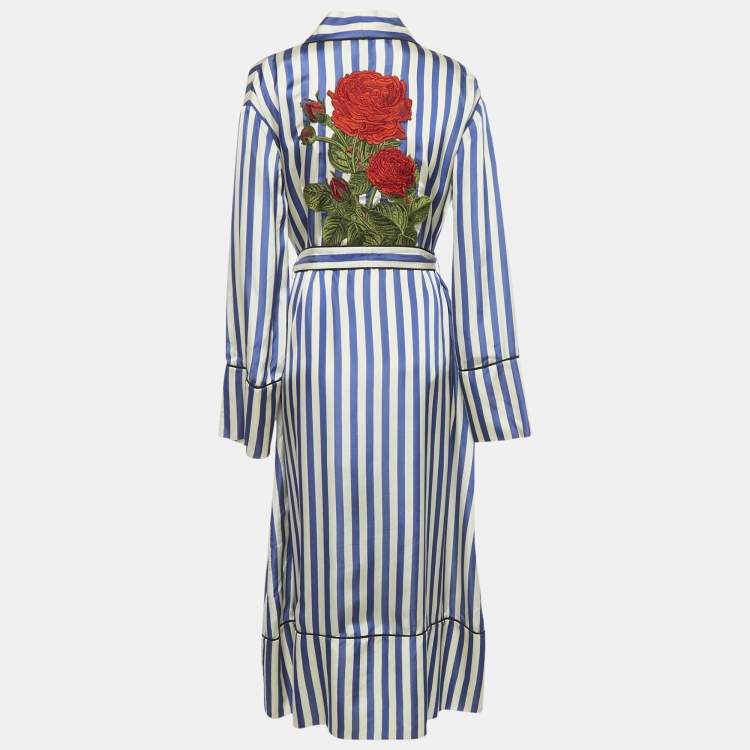 Pre Owned Off-White Blue/White Striped Satin Rose Applique Robe S