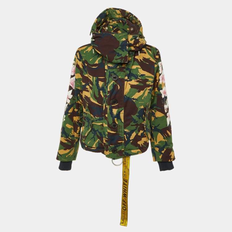Pre Owned Off-White Green Camo Cherry Blossom Cotton Hooded Jacket S