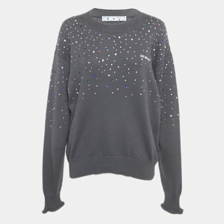 Pre Owned Off-White Grey Rib Knit Rhinestone Sweater S
