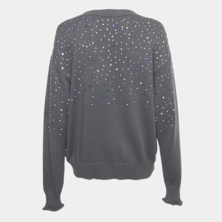 Pre Owned Off-White Grey Rib Knit Rhinestone Sweater S