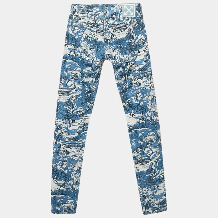 Pre Owned Off-White Blue Printed Denim Tapestry Skinny Jeans S Waist 26"
