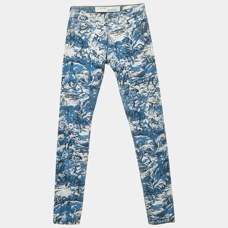 Pre Owned Off-White Blue Printed Denim Tapestry Skinny Jeans S Waist 26"