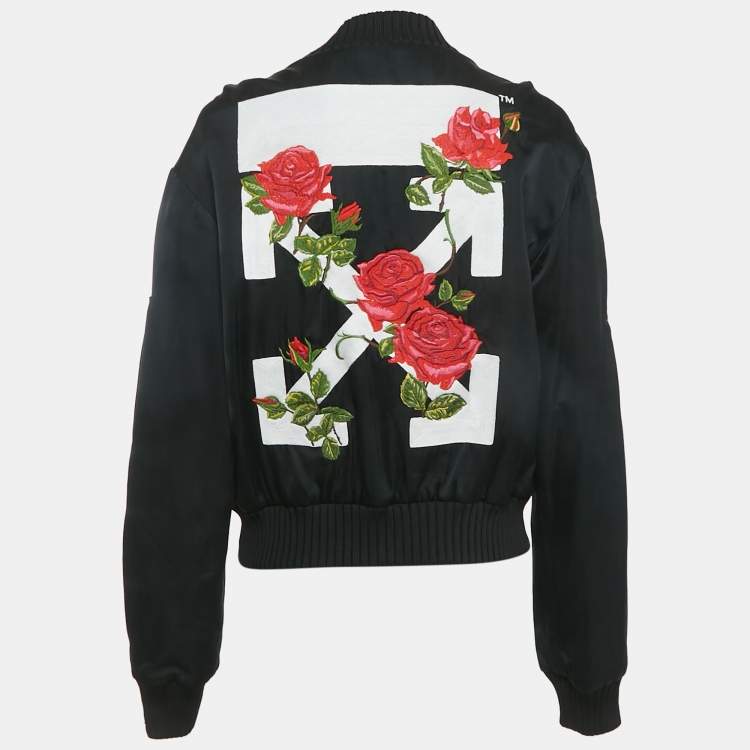 مملوكة مسبقًا Off-White Black Rose and Arrow Embroidered Satin Bomber Jacket S