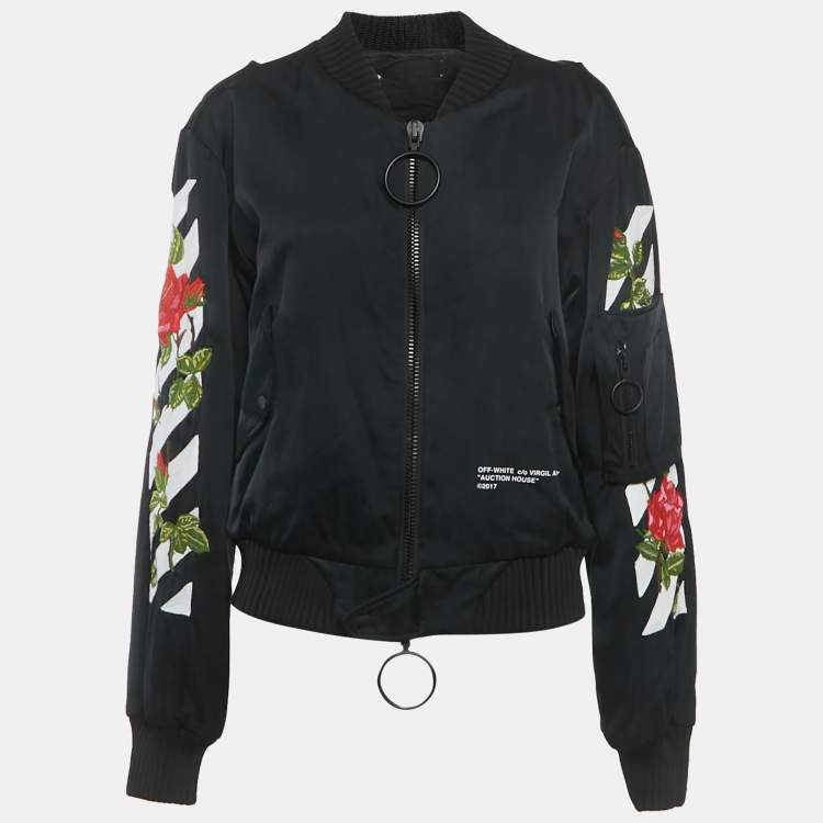 مملوكة مسبقًا Off-White Black Rose and Arrow Embroidered Satin Bomber Jacket S