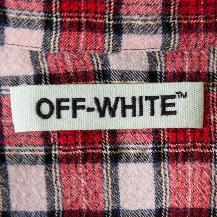 Pre Owned Off-White Red Checkered Wool & Cotton Button Front Oversized Long Shirt M