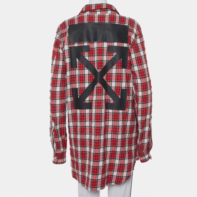 Pre Owned Off-White Red Checkered Wool & Cotton Button Front Oversized Long Shirt M