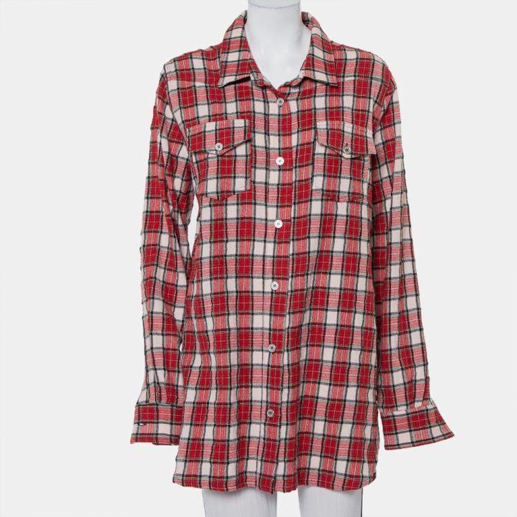 Pre Owned Off-White Red Checkered Wool & Cotton Button Front Oversized Long Shirt M