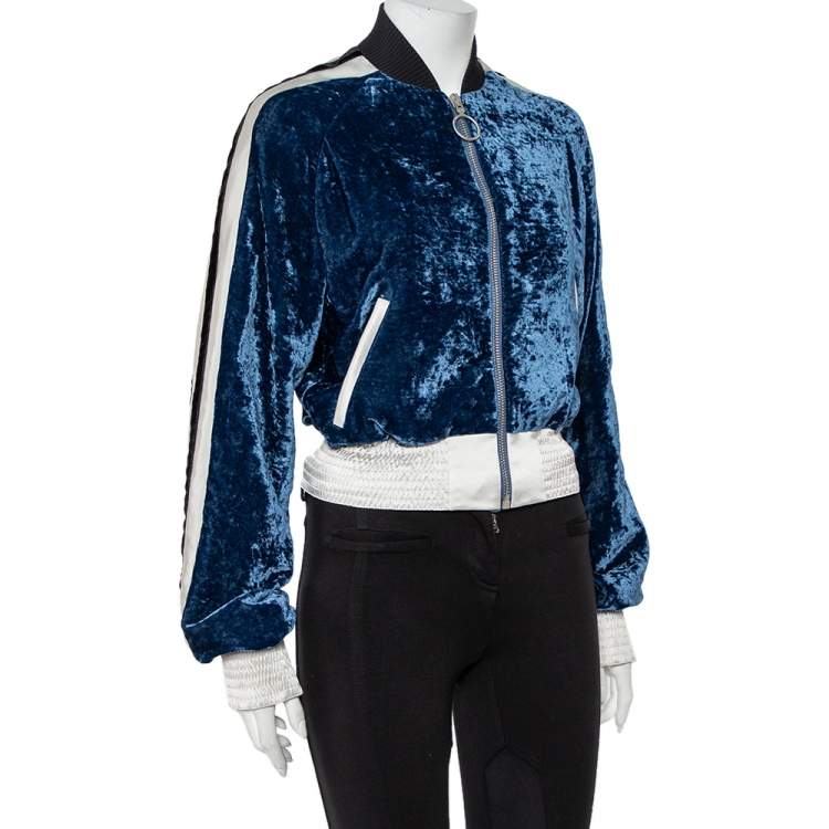 Pre Owned Off-White Navy Blue Velvet  & Satin Trim Zip Front Bomber Jacket S 