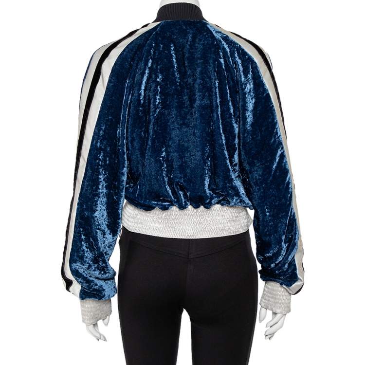 Pre Owned Off-White Navy Blue Velvet  & Satin Trim Zip Front Bomber Jacket S 