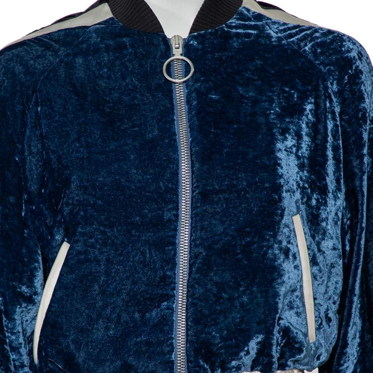 Pre Owned Off-White Navy Blue Velvet  & Satin Trim Zip Front Bomber Jacket S 