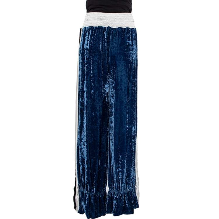 Pre Owned Off-White Navy Blue Velvet Contrast Trim Wide Leg Track Pants S