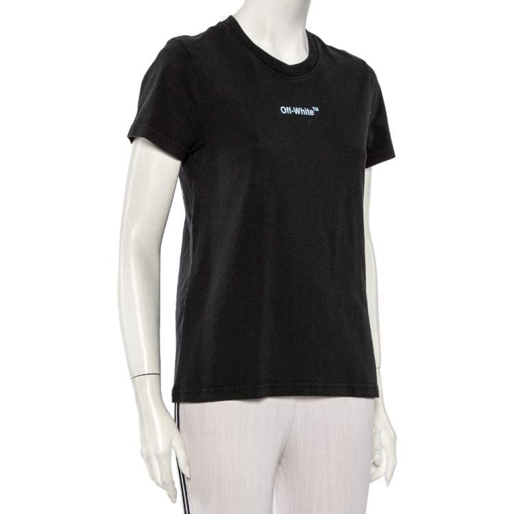 Pre Owned Off-White Black Cotton Logo Printed & Embroidered T-Shirt XS