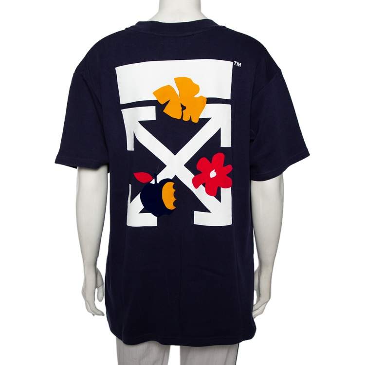Pre Owned Off-White Navy Blue Flocked Cotton Knit Oversized Crewneck T-Shirt M