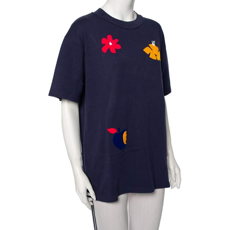 Pre Owned Off-White Navy Blue Flocked Cotton Knit Oversized Crewneck T-Shirt M