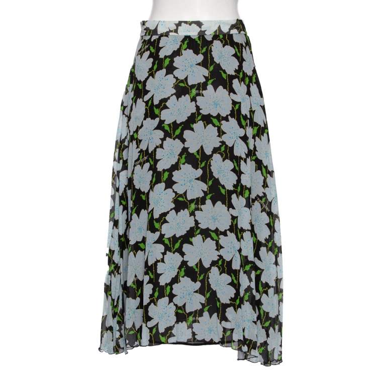 Pre Owned Off-White Multicolored Floral Printed Silk Pleated Midi Skirt M