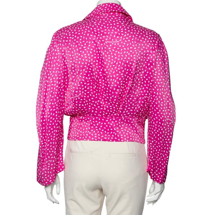 Pre Owned Off-White Pink Printed Satin Button Front Overlay Paneled Blouse M