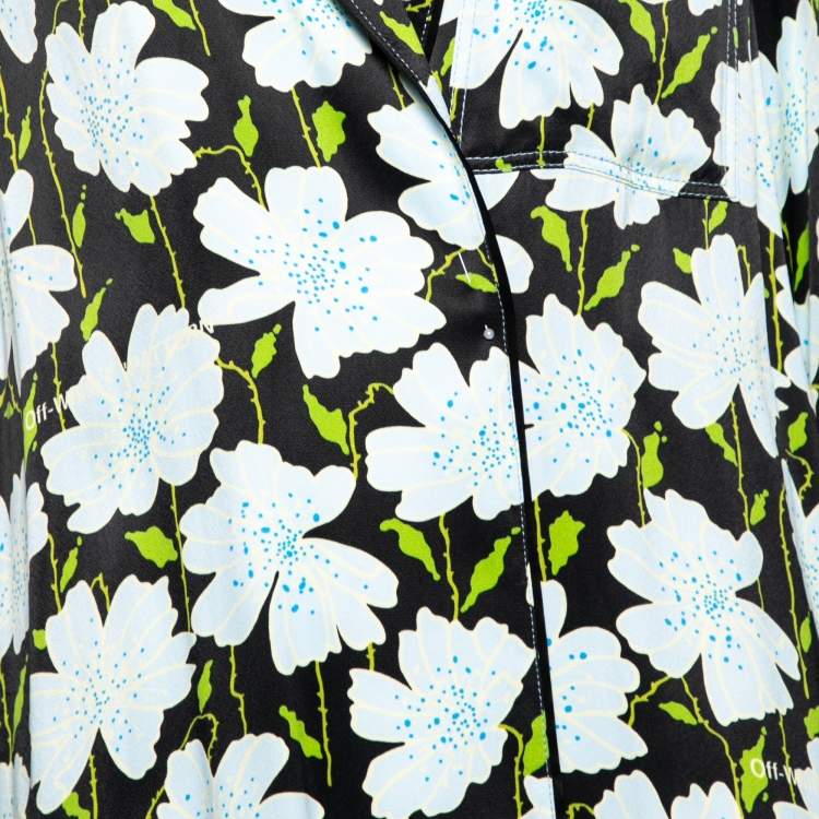 Pre Owned Off-White Blue Floral Printed Satin Open Front Lightweight Coat M