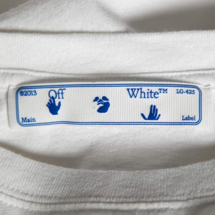Pre Owned Off-White White Logo Printed Cotton Short Sleeve T-Shirt L