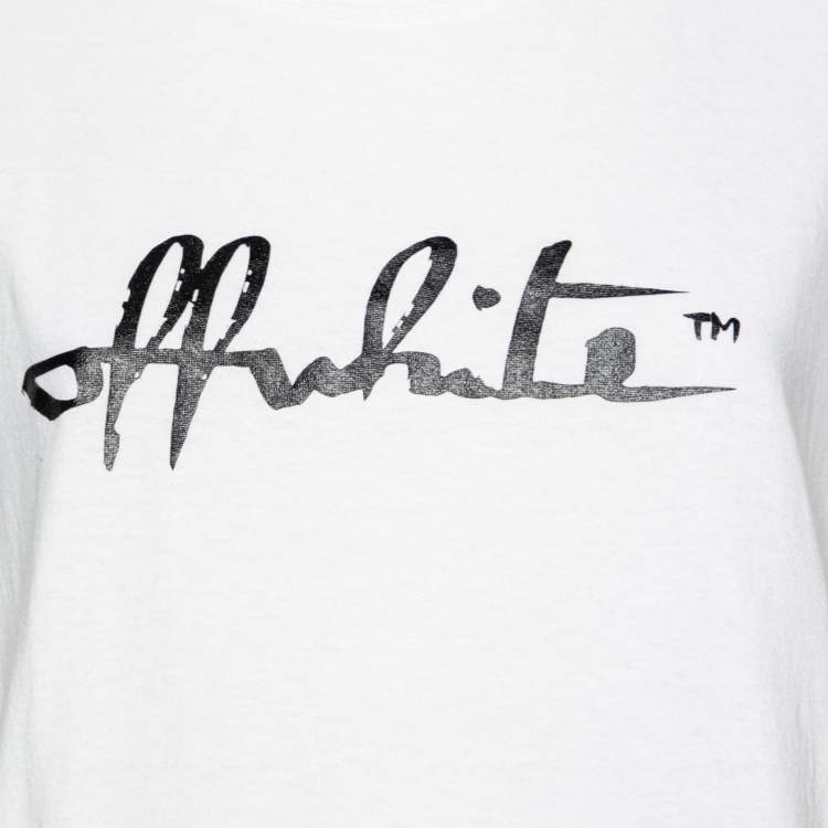 Pre Owned Off-White White Logo Printed Cotton Short Sleeve T-Shirt L