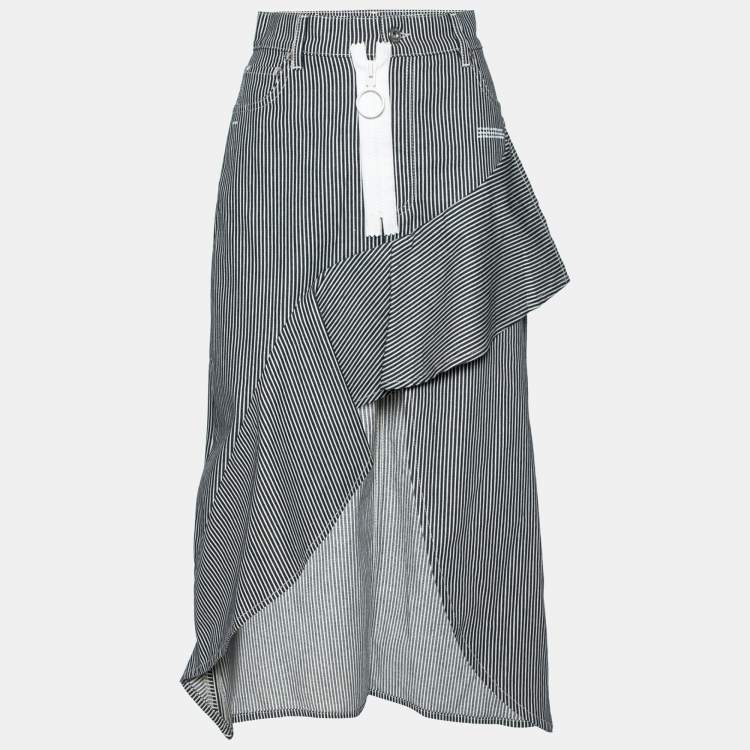 Pre Owned Off-White Blue & White Striped Denim Zip Detail Asymmetric Skirt M