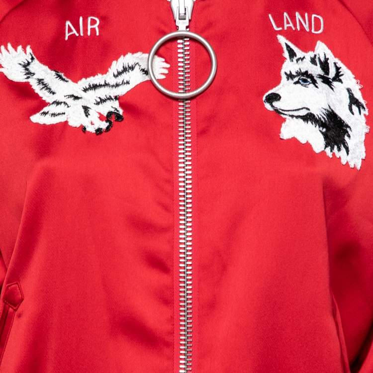 Pre Owned Off-White Red Satin Rib Knit Trimmed Greenland Bomber Jacket M